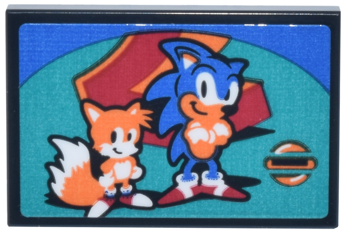 Lego Tile 2 x 3 with Sonic, Tails and Lower Half of Red Number 2 on Dark Turquoise and Blue Background Pattern (Sticker) - Set 40926