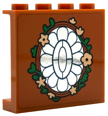Lego Panel 1 x 4 x 3 with Side Supports - Hollow Studs with Silver Window / Mirror with Blue Scalloped Stained Glass and Black Oval Frame with Light Nougat Flowers, Green Leaves Pattern (Sticker) - Set 75683 / Dark Orange