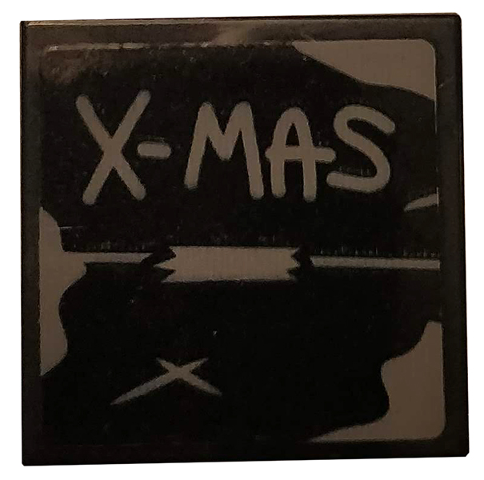 Lego Tile 2 x 2 with Dark Bluish Gray 'X-MAS' and Tape on Black Background Pattern (Sticker) - Set 75810 / Black
