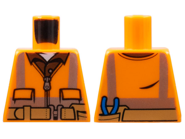 Lego Torso Safety Vest with Reflective Stripes, Reddish Brown Shirt, Medium Nougat Belt with Pouch and Pliers Pattern / Orange