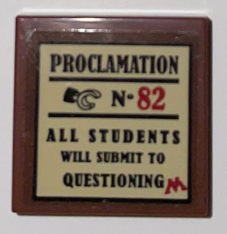 Lego Tile 2 x 2 with Black and Red 'PROCLAMATION No. 82', Minifigure Hand, Text, and Letter M on Tan Background Pattern (Sticker) - Set 75966