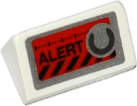 Lego Slope 30 1 x 2 x 2/3 with 'ALERT', Black Danger Stripes and Silver Knob on Red Background Pattern (Sticker) - Set 70161 / White