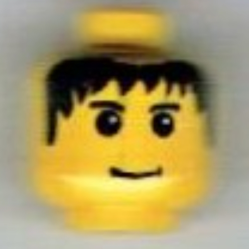 Lego Minifig Head Babloo / Soccer Player, Messy Black Hair, Slight Smile, Eyebrows Print / Yellow