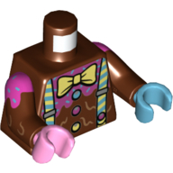 Lego Torso, Odd Hands, Shirt with Buttons and Dark Pink Frosting, Suspenders, Bright Light Yellow Bow Tie Print, Reddish Brown Arms with Dark Pink Frosting Print, Left Medium Azure Hand, Right Bright Pink Hand / Reddish Brown