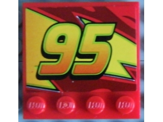 Lego Tile, Modified 4 x 4 with Studs on Edge with '95' on Lightning Bolt Pattern Model Right Side (Sticker) - Set 8484 / Red