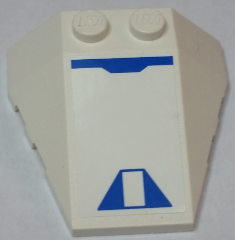 Lego Wedge 4 x 4 Triple with Stud Notches with SW White Rectangle Inside Blue Triangle and Blue Line Pattern (Sticker) - Set 9525 / White