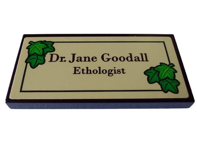 Lego Tile 2 x 4 with 'Dr. Jane Goodall Ethologist' in Black Frame with Green Leaves on Tan Background Pattern (Sticker) - Set 40530