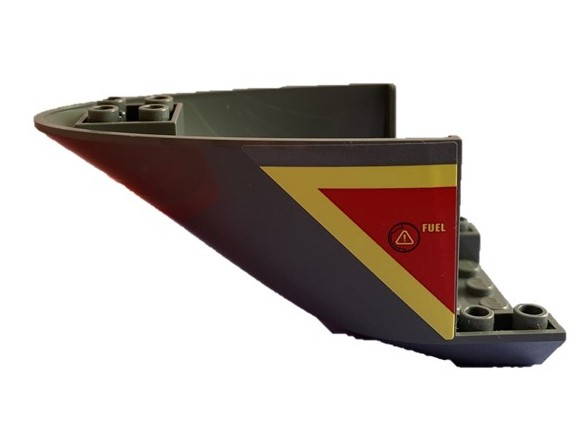 Lego Aircraft Fuselage Aft Section Curved Bottom 6 x 10 with Yellow Lines and 'FUEL' on Red Background Pattern on Both Sides (Stickers) - Set 60217 / Dark Bluish Gray