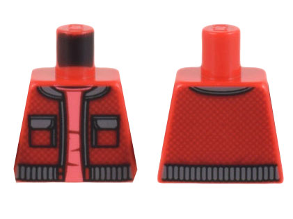 Lego Torso Jacket Open with Pockets and Dark Bluish Gray Collar, Trim, and Waistband over Coral Shirt Pattern / Red