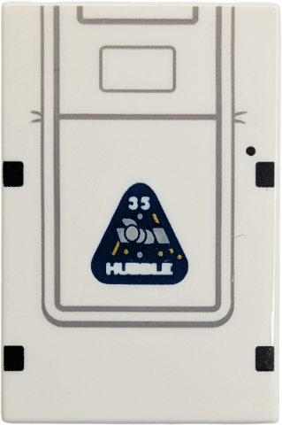 Lego Tile 2 x 3 with Light Bluish Gray Lines, Black Squares, Dark Blue Triangle with Space Telescope and White '35' and 'HUBBLE' Pattern / White