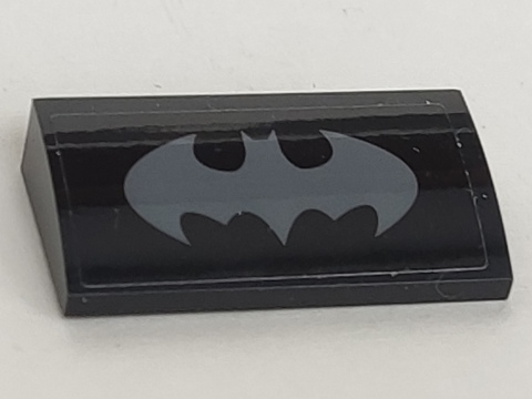 Lego Slope, Curved 2 x 4 x 2/3 with Bottom Tubes with Dark Bluish Gray Batman Logo Pattern (Sticker) - Set 70916