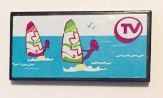 Lego Tile 2 x 4 with Windsurfers on TV Screen Pattern (Sticker) - Set 41037 / Black