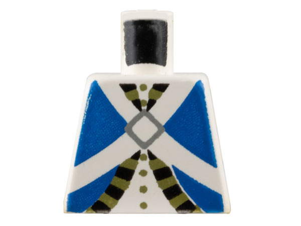Lego Torso Imperial Soldier Blue Uniform Jacket with Black and Gold Trim over Shirt with Buttons, Crossbelts with Silver Diamond Clasp Pattern (Bluecoat) / White