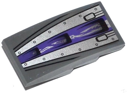 Lego Slope, Curved 4 x 2 with Dark Purple Stripe, Silver Armor Plates with Rivets, and Black Air Intakes Pattern (Sticker) - Set 70722 / Dark Bluish Gray