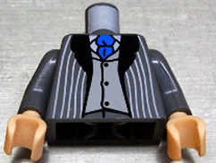 Lego Torso Suit Jacket Open with Light Bluish Gray Pinstripes and Black Lapels over Vest with Buttons and White Shirt, Blue Tie Pattern / Dark Bluish Gray Arms / Light Nougat Hands