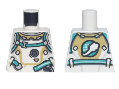 Lego Torso Spacesuit Dark Turquoise Straps and Belt, Planet with White Cloud Symbol Pattern / White
