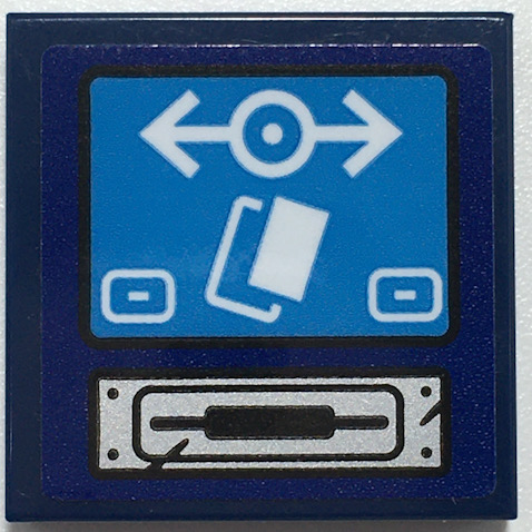 Lego Tile 2 x 2 with Silver Ticket Slot, Dark Azure Screen with White Train Logo and Buttons Pattern (Sticker) - Set 70424