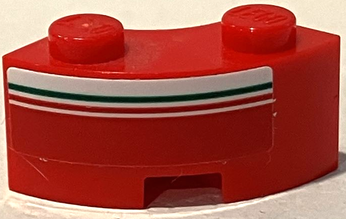 Lego Brick, Round Corner 2 x 2 Macaroni with Stud Notch and Reinforced Underside with Red and Green Lines on White Stripe Pattern Model Left Side (Sticker) - Set 75889 / Red