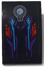 Lego Slope, Curved 3 x 2 with Sand Blue Fuel Cap and Red, Dark Purple, and Dark Azure Lines Pattern (Sticker) - Set 70639 / Black