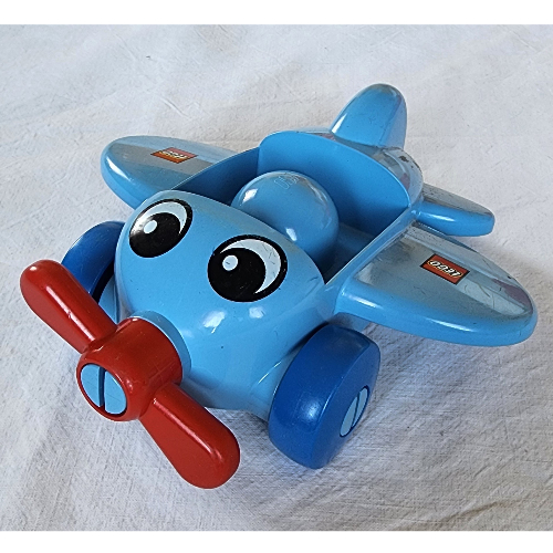 Lego Primo Airplane, Red Propeller, Blue Wheels, with Eyes, Wing Logo Print / Medium Blue