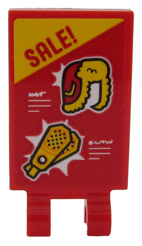 Lego Tile, Modified 2 x 3 with 2 Clips with 'SALE!', Ushanka Hat and Snowshoes Pattern (Sticker) - Set 60203 / Red