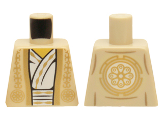 Lego Torso Ninjago Vest with Gold Trim Over White Robe and Gold Flower Symbol on Back Pattern / Tan