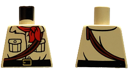 Lego Torso Safari Shirt with Buttons and Pockets, Black Belt with Gold Buckle, Red Neckerchief Scarf, Reddish Brown Thick Ropes Pattern / Tan