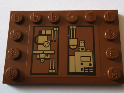 Lego Tile, Modified 4 x 6 with Studs on Edges with Gold Mechanical Pattern Model Right Side (Sticker) - Set 75059 / Reddish Brown