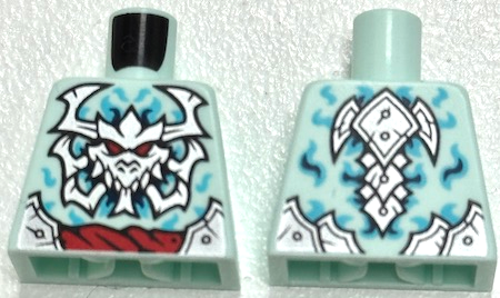 Lego Torso Silver Armor Plates, Dragon Skull with Horns and Red Eyes, Rope Belt, Medium Azure and Dark Blue Swirls Pattern / Light Aqua