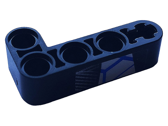 Lego Technic, Liftarm, Modified Bent Thick L-Shape 2 x 4 with Carbon Fiber and Blue and Silver Race Pattern Model Left Side (Sticker) - Set 42123 / Black