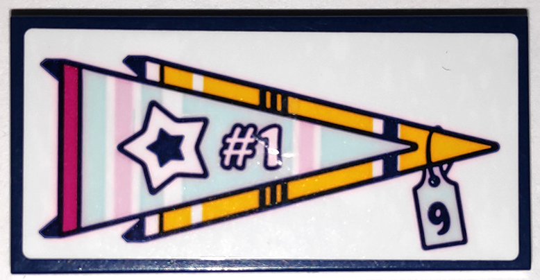 Lego Tile 2 x 4 with 2 Light Aqua and Yellow Pennants with Star, '#1' and Number 9 Price Tag Pattern (Sticker) - Set 41338 / Dark Blue
