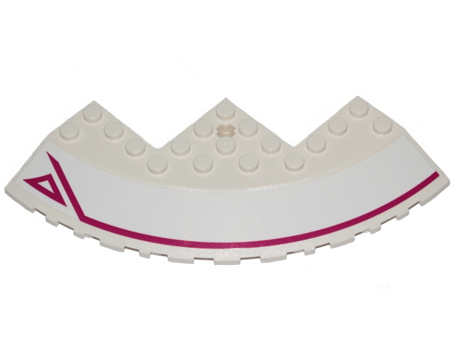Lego Brick, Round Corner 10 x 10 with Slope 33 Edge, Axle Hole, Facet Cutout with Magenta Stripe and Outlined Triangle Pattern Model Left Side (Sticker) - Set 70849 / White