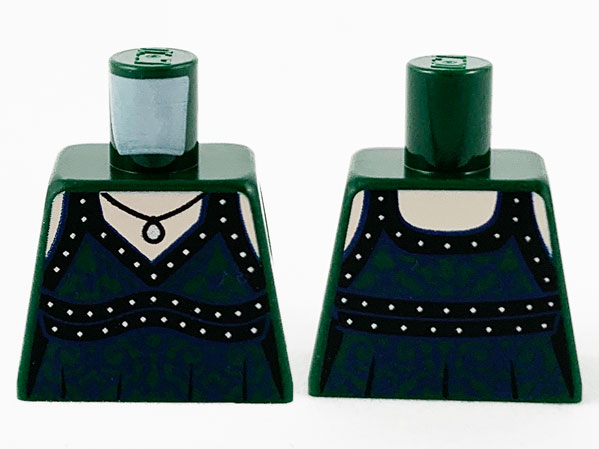 Lego Torso Female Dress, Silver Pendant, Black Straps, Hems and Dark Blue Filigree Pattern / Dark Green