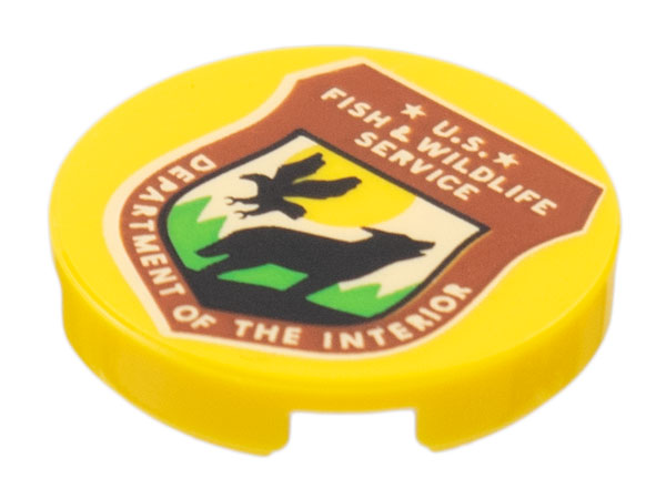 Lego Tile, Round 2 x 2 with Bottom Stud Holder with Reddish Brown Shield, Black Wolf, Bird, 'U.S. FISH & WILDLIFE SERVICE DEPARTMENT OF THE INTERIOR' Pattern