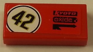 Lego Tile 1 x 2 with Black '42' in White Circle, 'Kyoto' and 'Oxide' on Red Background Pattern Model Right Side (Sticker) - Set 8147