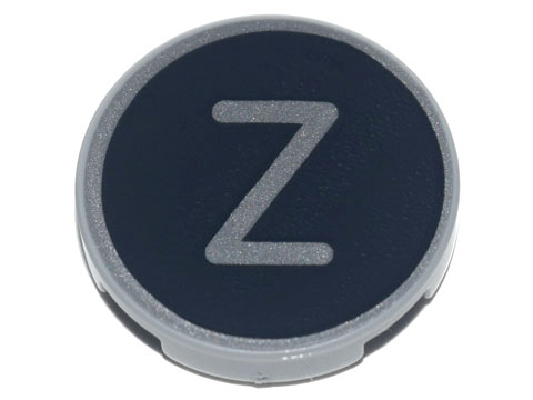 Lego Tile, Round 2 x 2 with Bottom Stud Holder with Silver Capital Letter Z on Black Background Pattern