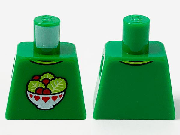 Lego Torso Lettuce and Tomatoes Salad in White Bowl with Red Hearts Pattern / Green