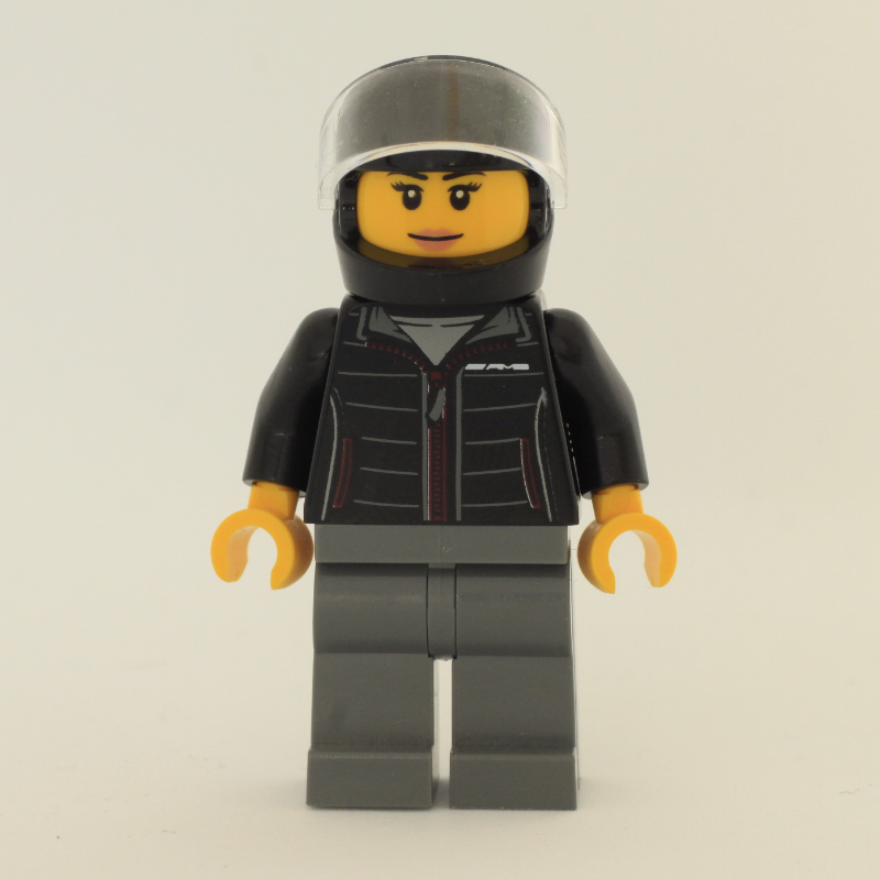 Lego Race Driver, Black Jacket, Dark Bluish Gray Legs, Black Helmet