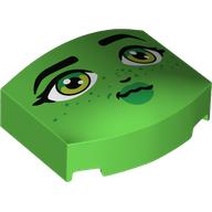 Lego Brick Round 3 x 4, Curved Triple, No Studs with Face, Black Eyebrows, Bright Green/Lime Eyes, Green Lips, Freckles Print