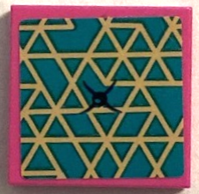 Lego Tile 2 x 2 with Cushion with Dark Turquoise Triangles, Gold Outlines and Black Button Pattern (Sticker) - Set 41392 / Dark Pink