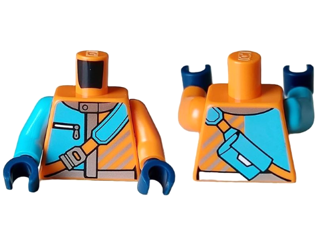 Lego Torso Jacket with Silver Collar, Trim, and Diagonal Stripes, Pocket with Zipper, Medium Azure Shoulder Bag Pattern / Orange Arm Left / Medium Azure Arm Right / Dark Blue Hands