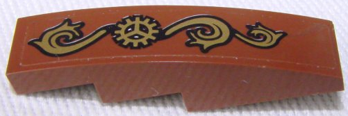 Lego Slope, Curved 4 x 1 with Gold Gear and Ornament Pattern Model Right Side (Sticker) - Set 70810 / Reddish Brown