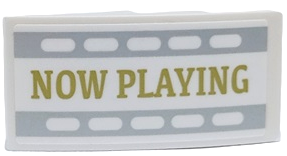 Lego Slope, Curved 4 x 2 with Gold 'NOW PLAYING' with Light Bluish Gray Filmstrip Edges Pattern Model Left Side (Sticker) - Set 41448