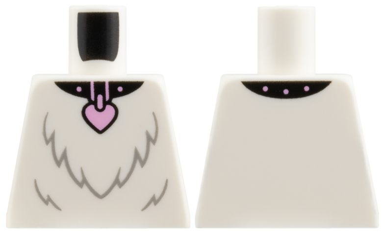 Lego Torso Black Collar, Bright Pink Studs and Heart Tag, Light Bluish Gray Fur Pattern / White