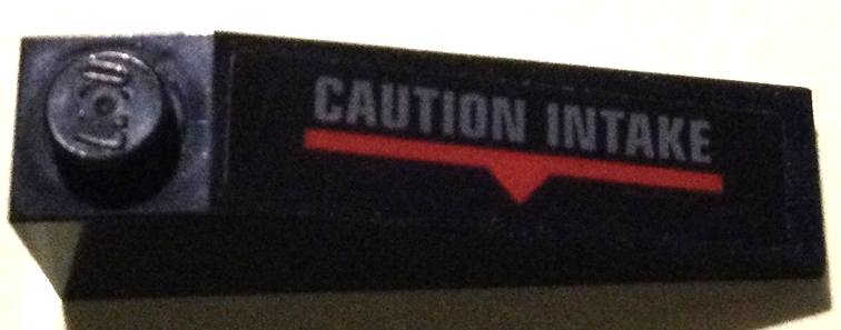 Lego Slope 18 4 x 1 with Dark Bluish Gray 'CAUTION INTAKE', Red Line and Triangle Pattern Side B (Sticker) - Set 70916 / Black