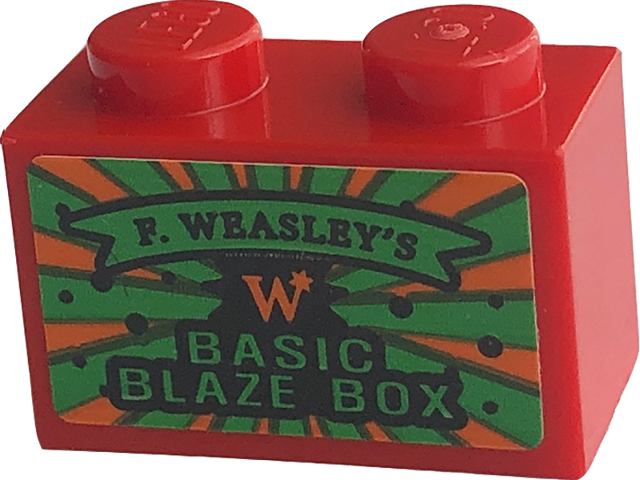 Lego Brick 1 x 2 with Black 'F. WEASLEY'S' on Green Banner, 'BASIC BLAZE BOX' and Orange Capital Letter W Pattern (Sticker) - Set 76422