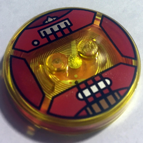 Lego Function Brick Round 4 x 4 x 2/3 with 2 Studs and Red Guitar with Strings Print / Trans-Yellow