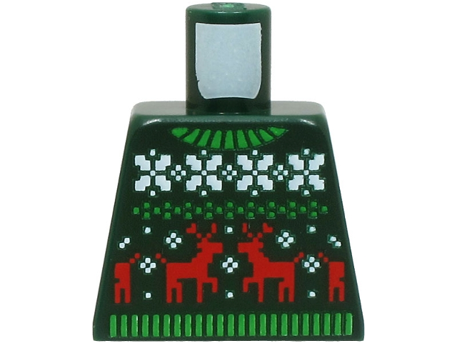 Lego Torso Knit Fair Isle Holiday Sweater with Green Collar, White Snowflakes and Red Reindeer Pattern (BAM) / Dark Green