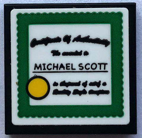 Lego Tile 2 x 2 with Black 'Certificate of Authenticity', 'MICHAEL SCOTT', Yellow Circle and Green Border Pattern (Sticker) - Set 21336
