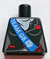 Lego Torso Female Equestrian Jacket with Red Pockets, Button and Patch over White Shirt, Blue Sash with 'TEAM GB' and Lion Head Logo Pattern / Black